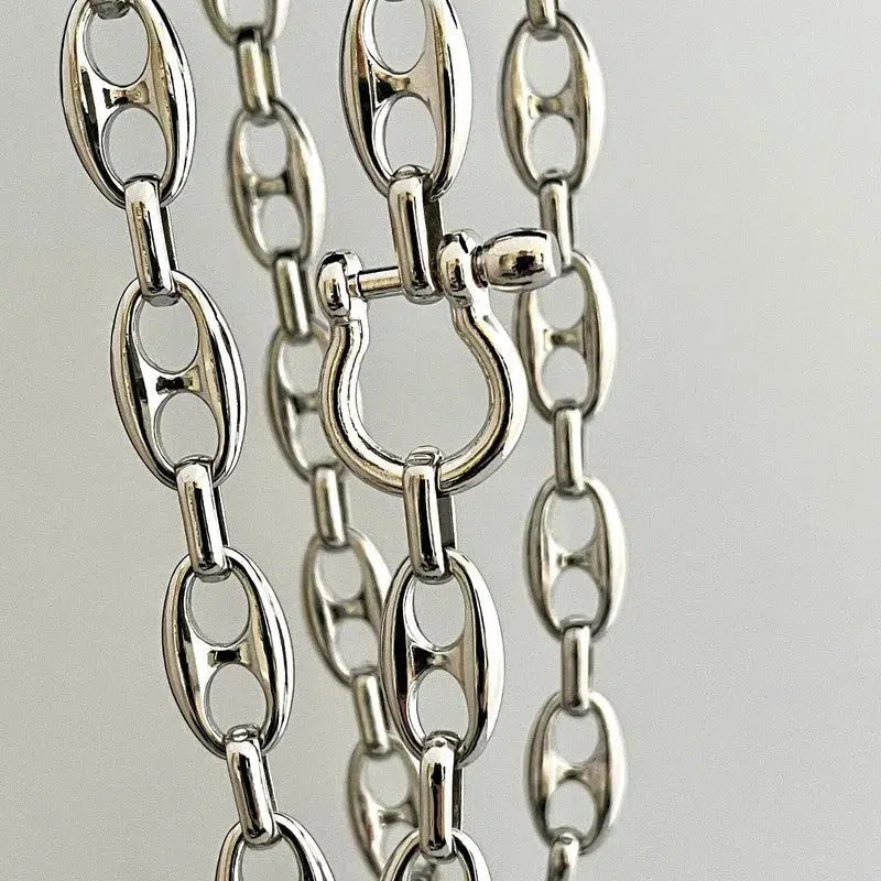 Silver Chunky Large Link Chain Necklace-Shackle Clasp-Puffed Link Chain-Choker Chain Necklace-Rhodium Plated-Trending Jewelry