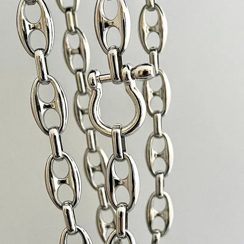 Silver Chunky Large Link Chain Necklace-Shackle Clasp-Puffed Link Chain-Choker Chain Necklace-Choker Chain-Rhodium Plated