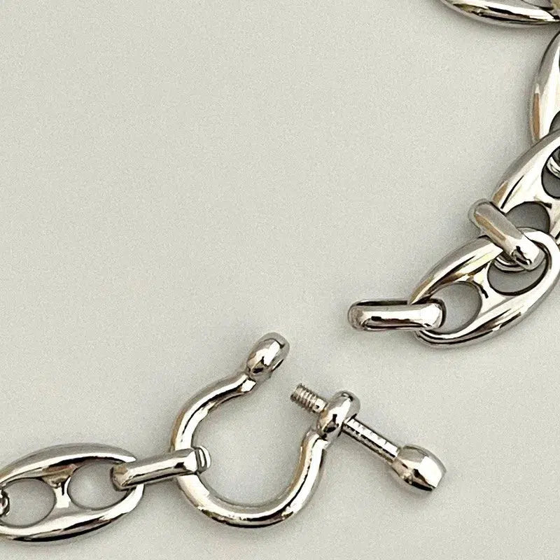 Silver Chunky Large Link Chain Necklace-Shackle Clasp-Puffed Link Chain-Choker Chain Necklace-Rhodium Plated-Trending Jewelry