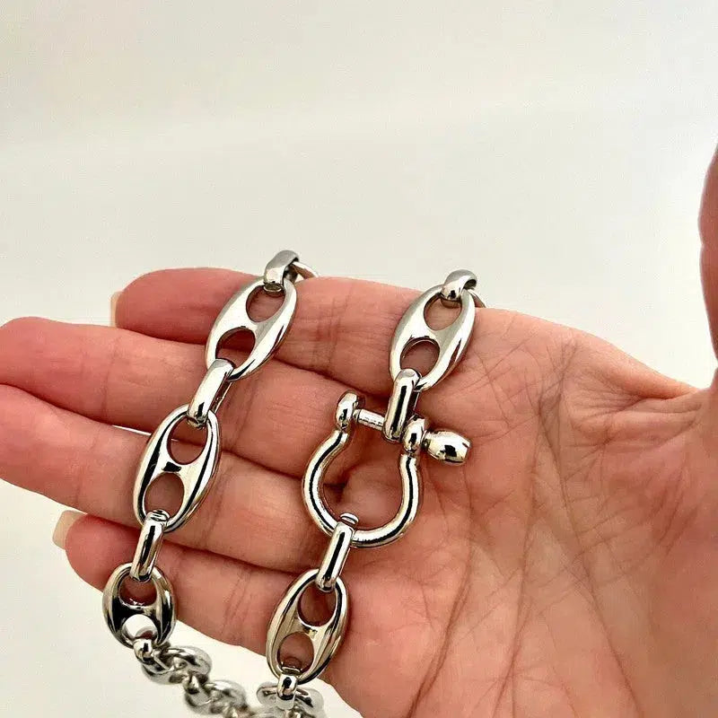 Silver Chunky Large Link Chain Necklace-Shackle Clasp-Puffed Link Chain-Choker Chain Necklace-Choker Chain-Rhodium Plated