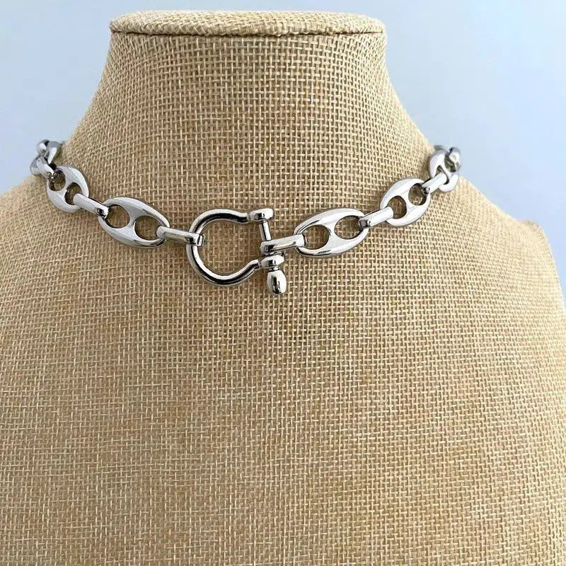 Silver Chunky Large Link Chain Necklace-Shackle Clasp-Puffed Link Chain-Choker Chain Necklace-Rhodium Plated-Trending Jewelry