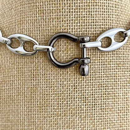 Silver Chunky Large Link Chain Necklace-Shackle Clasp-Puffed Link Chain-Choker Chain Necklace-Rhodium Plated-Trending Jewelry