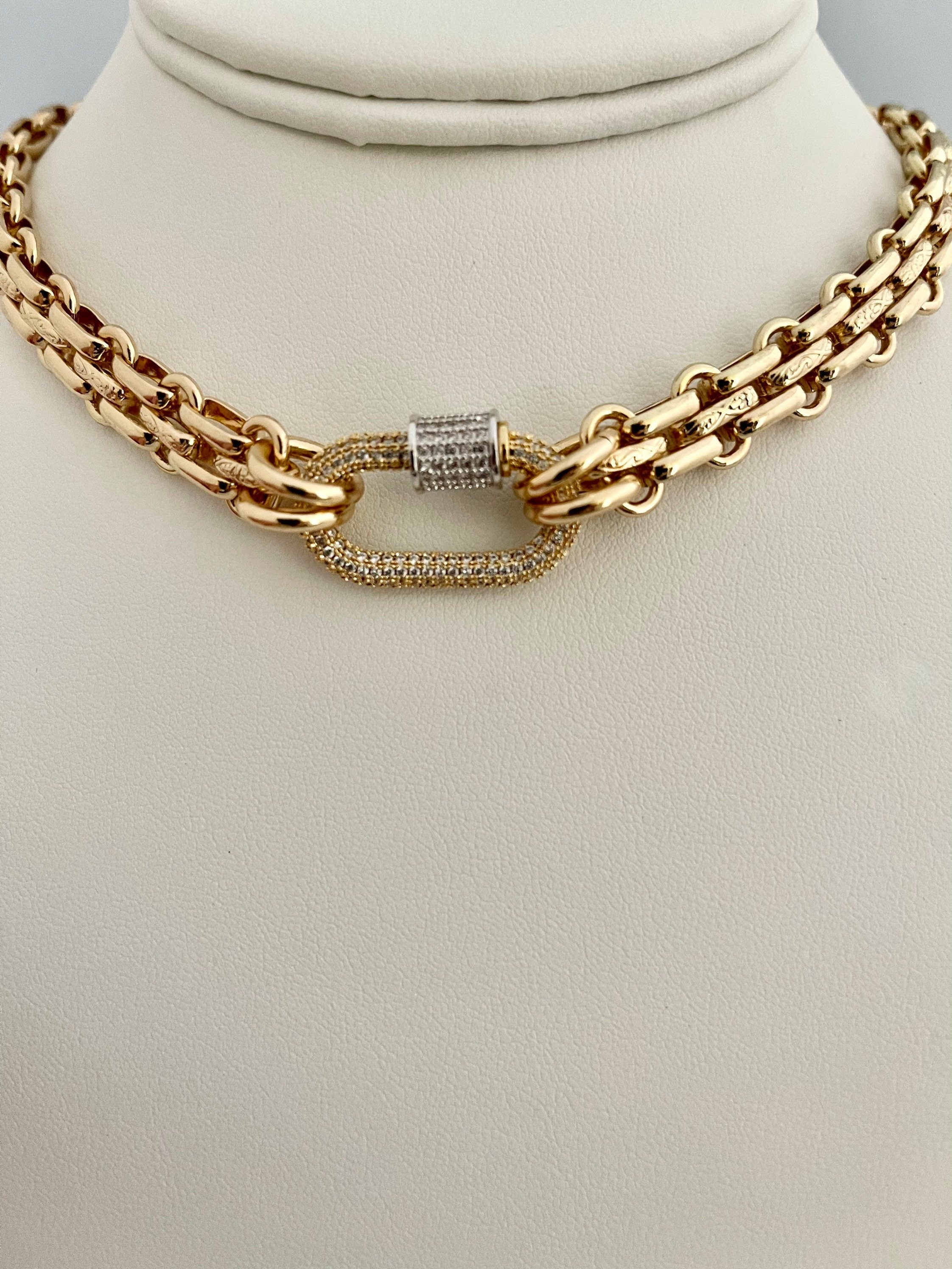 Gold Carabiner Necklace-Chunky Multilink Chain Necklace-Shiny Textured Chain Necklace- Pave Screw Lock Clasp