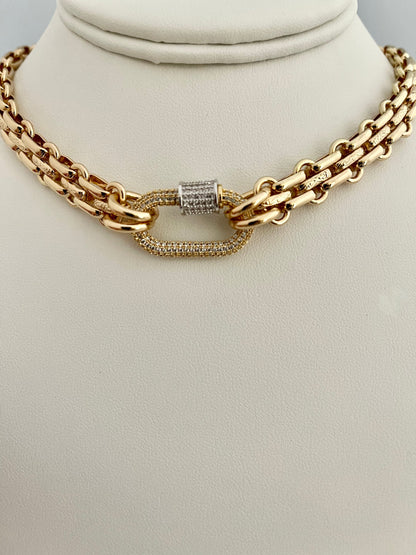 Gold Carabiner Necklace-Chunky Multilink Chain Necklace-Shiny Gold Textured Chain Necklace- Pave Carabiner Screw Lock Clasp