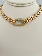 Gold Carabiner Necklace-Chunky Multilink Chain Necklace-Shiny Textured Chain Necklace- Pave Screw Lock Clasp