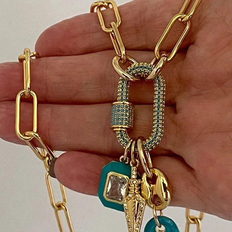 Gold Chain Choker-Paperclip Chain Necklace-Turquoise Gold Pave Carabiner Clasp-Charm Necklace -Layering Necklace-Cleavage Chain Jewelry