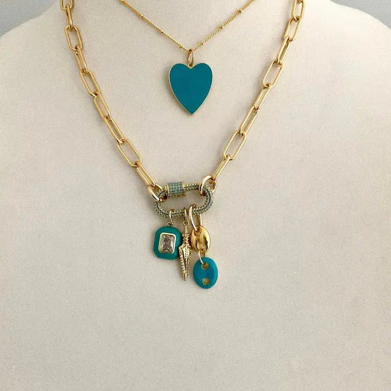 Gold Chain Choker-Paperclip Chain Necklace-Turquoise Gold Pave Carabiner Clasp-Charm Necklace -Layering Necklace-Cleavage Chain Jewelry