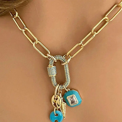 Gold Chain Choker-Paperclip Chain Necklace-Turquoise Gold Pave Carabiner Clasp-Charm Necklace -Layering Necklace-Cleavage Chain Jewelry