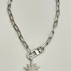 Silver Starburst Necklace-Carabiner Necklace-Pave Starburst Pendant-Paperclip Chain Necklace-Spring Lock Clasp-Gift for Her