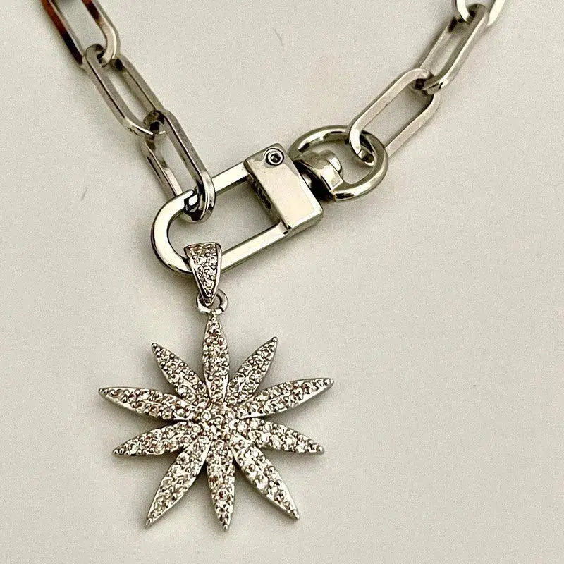 Silver Starburst Necklace-Carabiner Necklace-Pave Starburst Pendant-Paperclip Chain Necklace-Spring Lock Clasp-Gift for Her