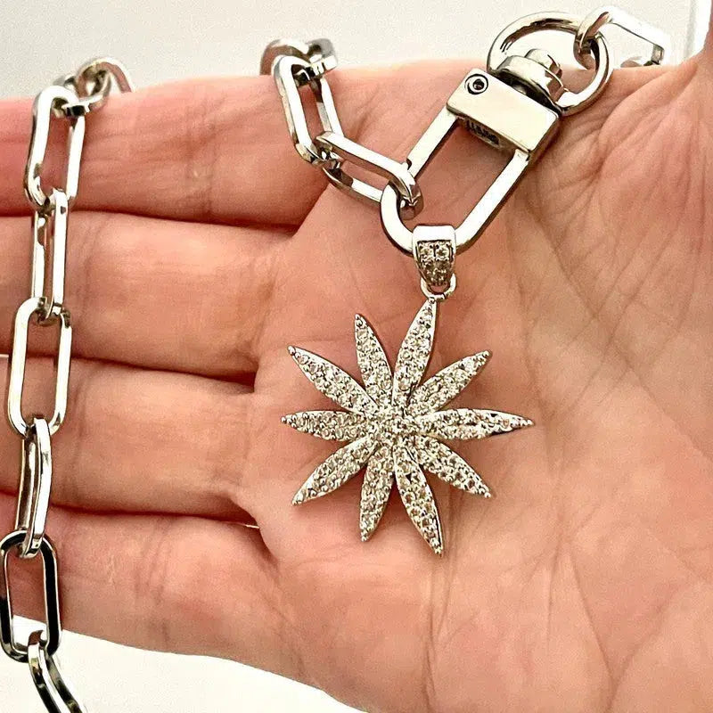 Silver Starburst Necklace-Carabiner Necklace-Pave Starburst Pendant-Paperclip Chain Necklace-Spring Lock Clasp-Gift for Her