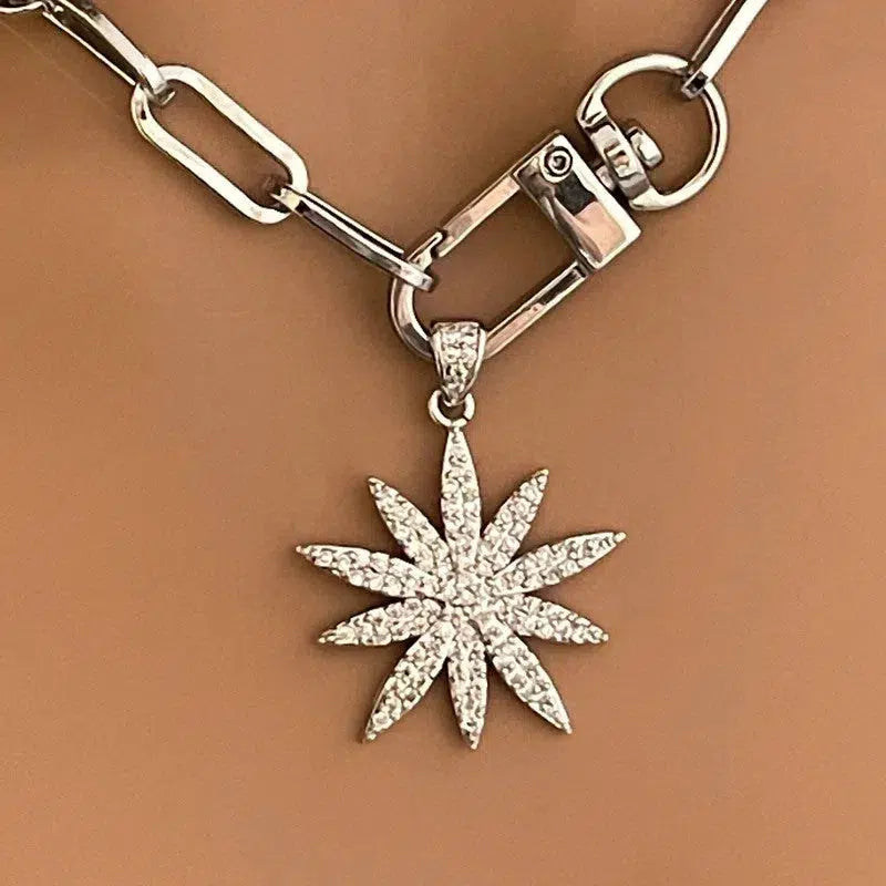 Silver Starburst Necklace-Carabiner Necklace-Pave Starburst Pendant-Paperclip Chain Necklace-Spring Lock Clasp-Gift for Her