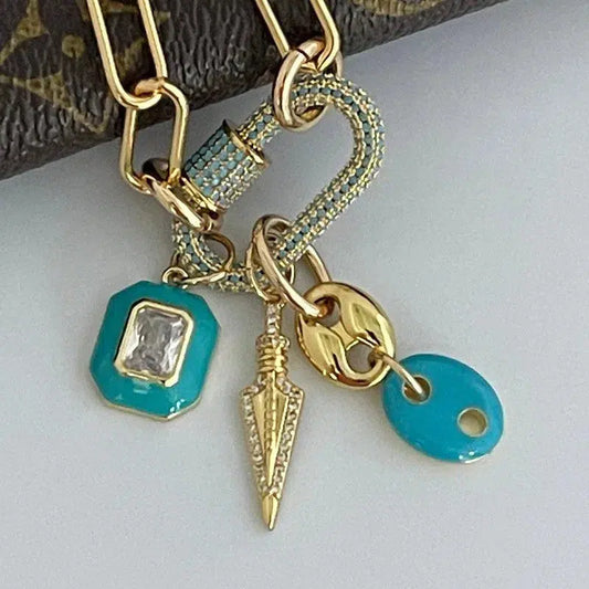 Gold Chain Choker-Paperclip Chain Necklace-Turquoise Gold Pave Carabiner Clasp-Charm Necklace -Layering Necklace-Cleavage Chain Jewelry