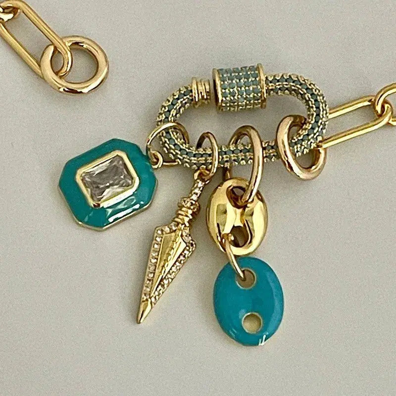 Gold Chain Choker-Paperclip Chain Necklace-Turquoise Gold Pave Carabiner Clasp-Charm Necklace -Layering Necklace-Cleavage Chain Jewelry