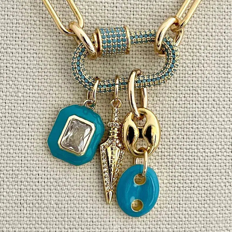 Gold Chain Choker-Paperclip Chain Necklace-Turquoise Gold Pave Carabiner Clasp-Charm Necklace -Layering Necklace-Cleavage Chain Jewelry