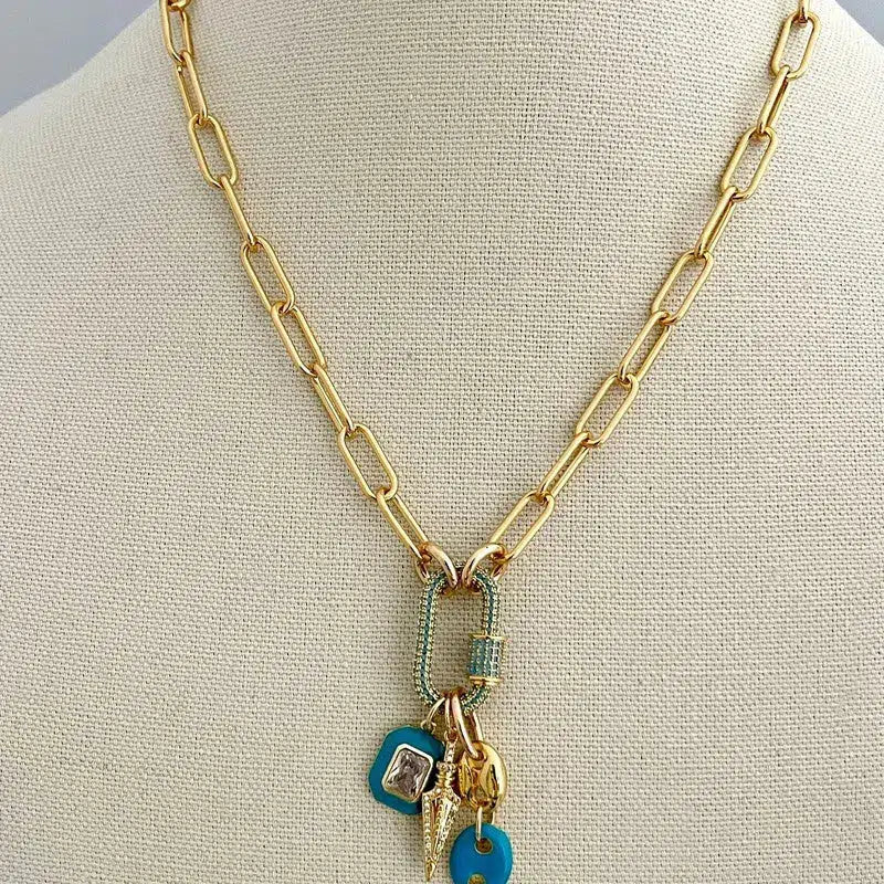 Gold Chain Choker-Paperclip Chain Necklace-Turquoise Gold Pave Carabiner Clasp-Charm Necklace -Layering Necklace-Cleavage Chain Jewelry