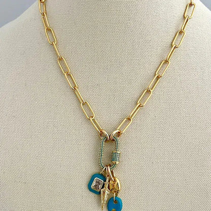 Gold Chain Choker-Paperclip Chain Necklace-Turquoise Gold Pave Carabiner Clasp-Charm Necklace -Layering Necklace-Cleavage Chain Jewelry