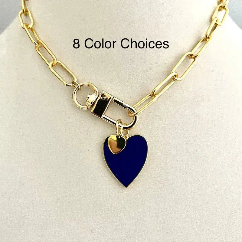 Gold Chain Necklace- Enamel Heart Pendant-Carabiner Chain Choker-Charm Necklace-Paperclip Chain-Gold Heart-Spring Gate Clasp-6 Color Choices