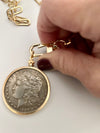 Unique Liberty Coin Necklace - Burnished Silver Pendant - Gold Bezel - Gold Paperclip Chain-Reproduction Vintage Coin Jewelry-Gift For Her