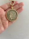 Unique Liberty Coin Necklace - Burnished Silver Pendant - Gold Bezel - Gold Paperclip Chain-Reproduction Vintage Coin Jewelry-Gift For Her