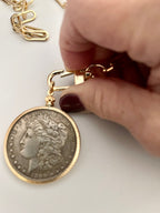 Unique Liberty Coin Necklace - Burnished Silver Pendant - Gold Bezel - Gold Paperclip Chain-Reproduction Vintage Coin Jewelry-Gift For Her