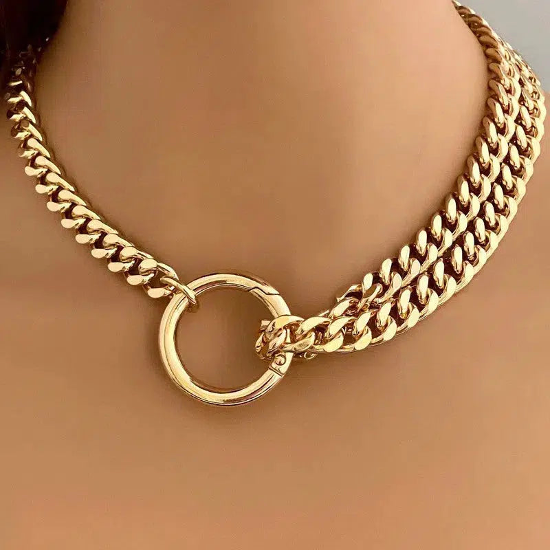 Gold Miami Cuban Chain Necklace-Thick Chunky Chain-Double Layer Cuban Chain-Round Spring Lock Clasp-Unique Design-Gift For Her