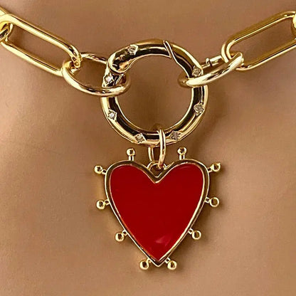 Gold Paperclip Chain Necklace-Enamel Heart Pendant-CZ Spring Clasp-Gold Paperclip Chain-Enamel Red-Blue-Pink Heart-Choice of 3 Colors