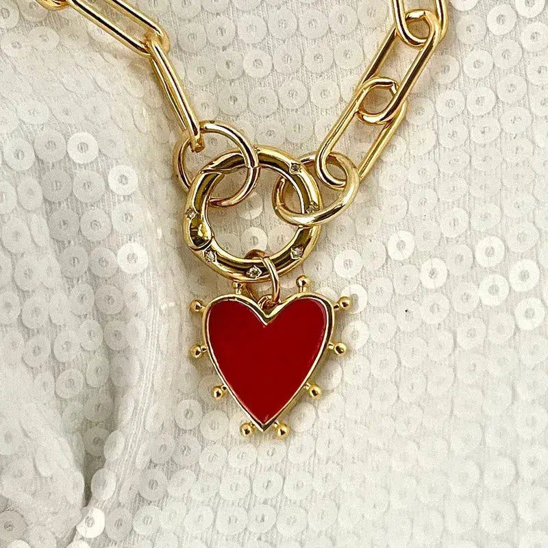 Gold Paperclip Chain Necklace-Enamel Heart Pendant-CZ Spring Clasp-Gold Paperclip Chain-Enamel Red-Blue-Pink Heart-Choice of 3 Colors