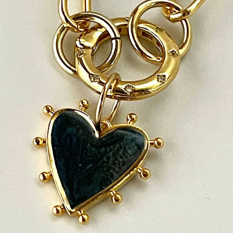 Gold Paperclip Chain Necklace-Dotted Enamel Heart Pendant-Cubic Zirconia  Spring Clasp-Artisan Enamel Red-Blue-Pink Heart.