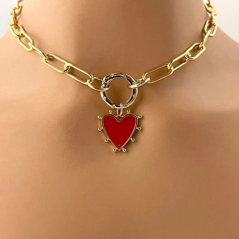 Gold Paperclip Chain Necklace-Enamel Heart Pendant-CZ Spring Clasp-Gold Paperclip Chain-Enamel Red-Blue-Pink Heart-Choice of 3 Colors