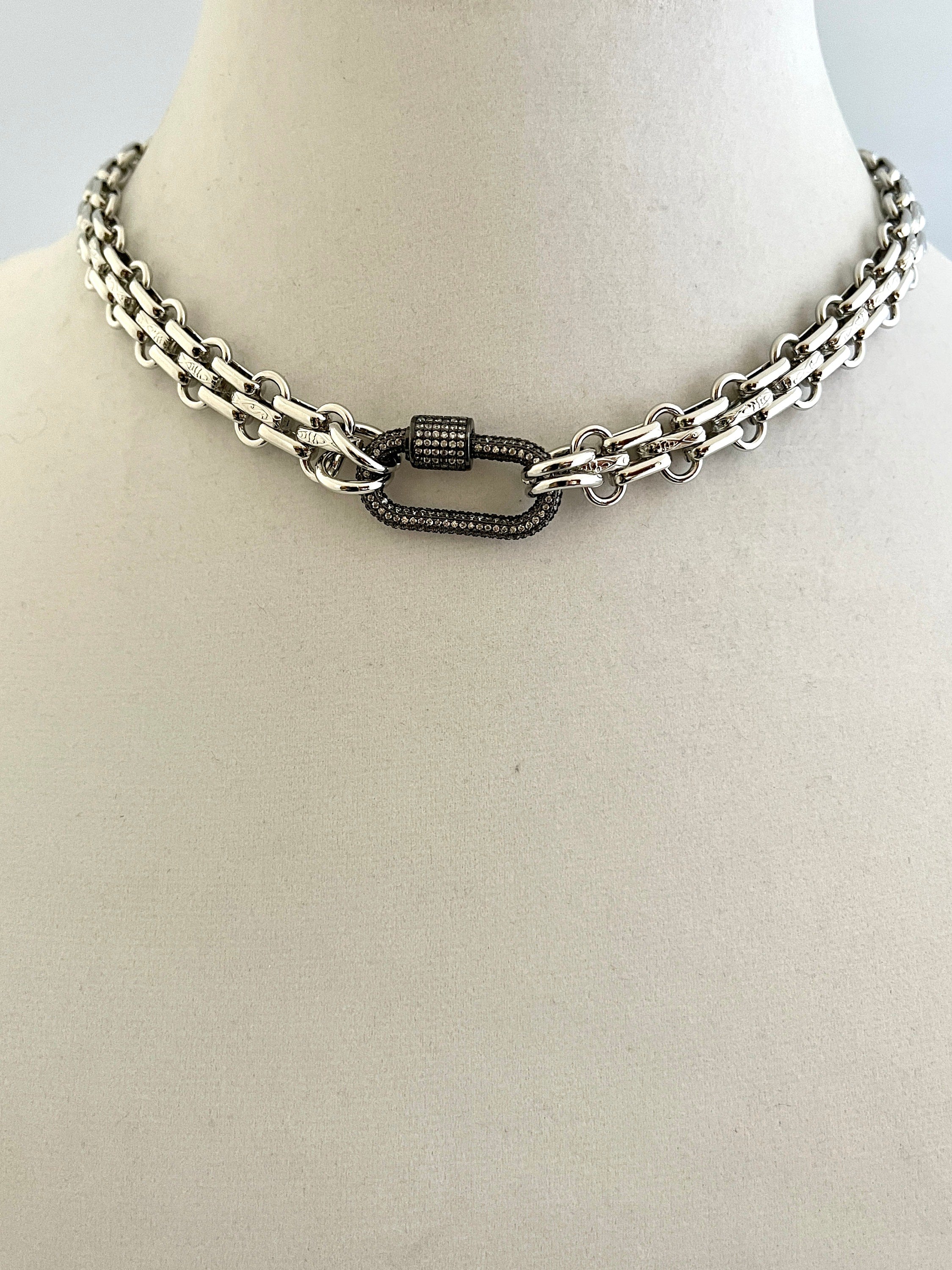 Chunky Multilink Silver Chain Necklace – Pave Carabiner Clasp