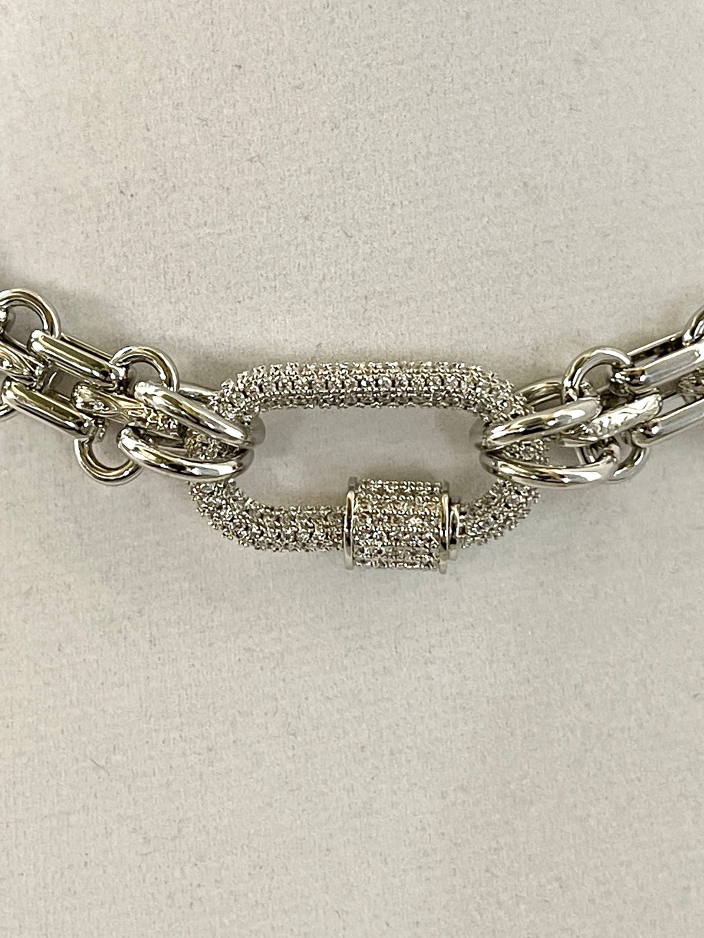 Chunky Multilink Silver Chain Necklace – Pave Carabiner Clasp