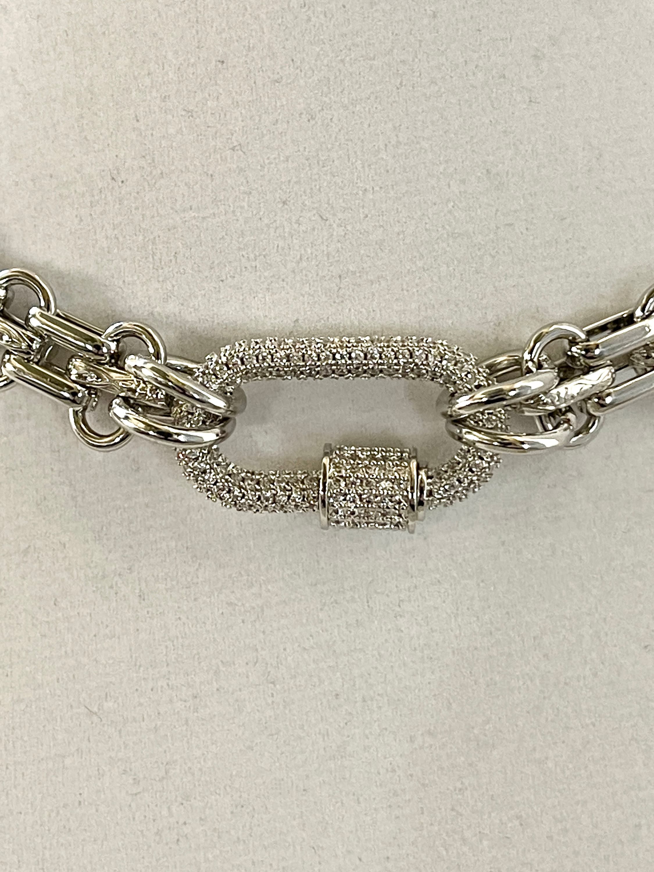 Chunky Multilink Silver Chain Necklace – Pave Carabiner Clasp