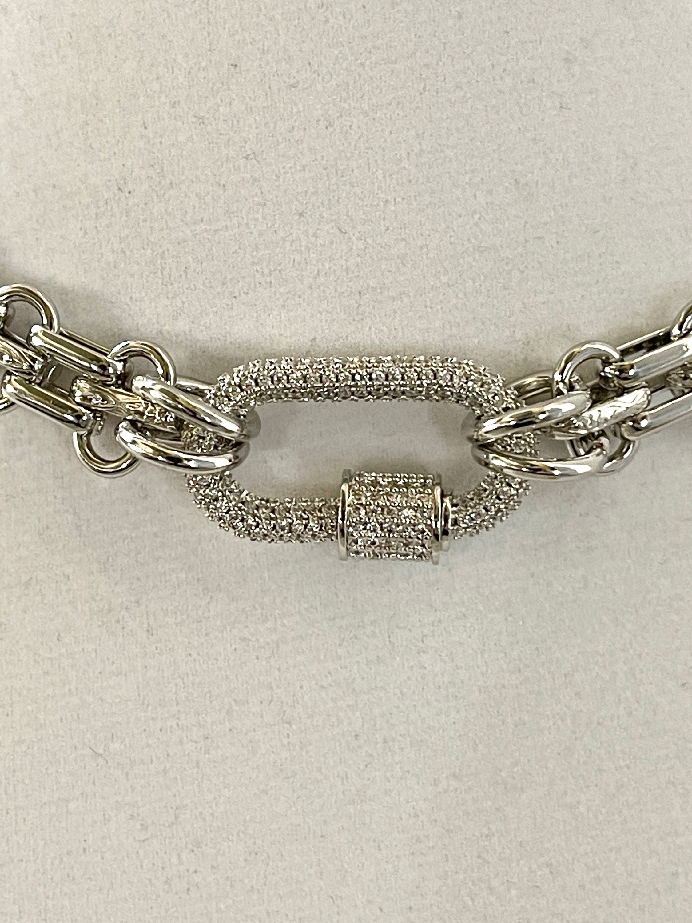 Chunky Multilink Silver Chain Necklace – Pave Carabiner Clasp