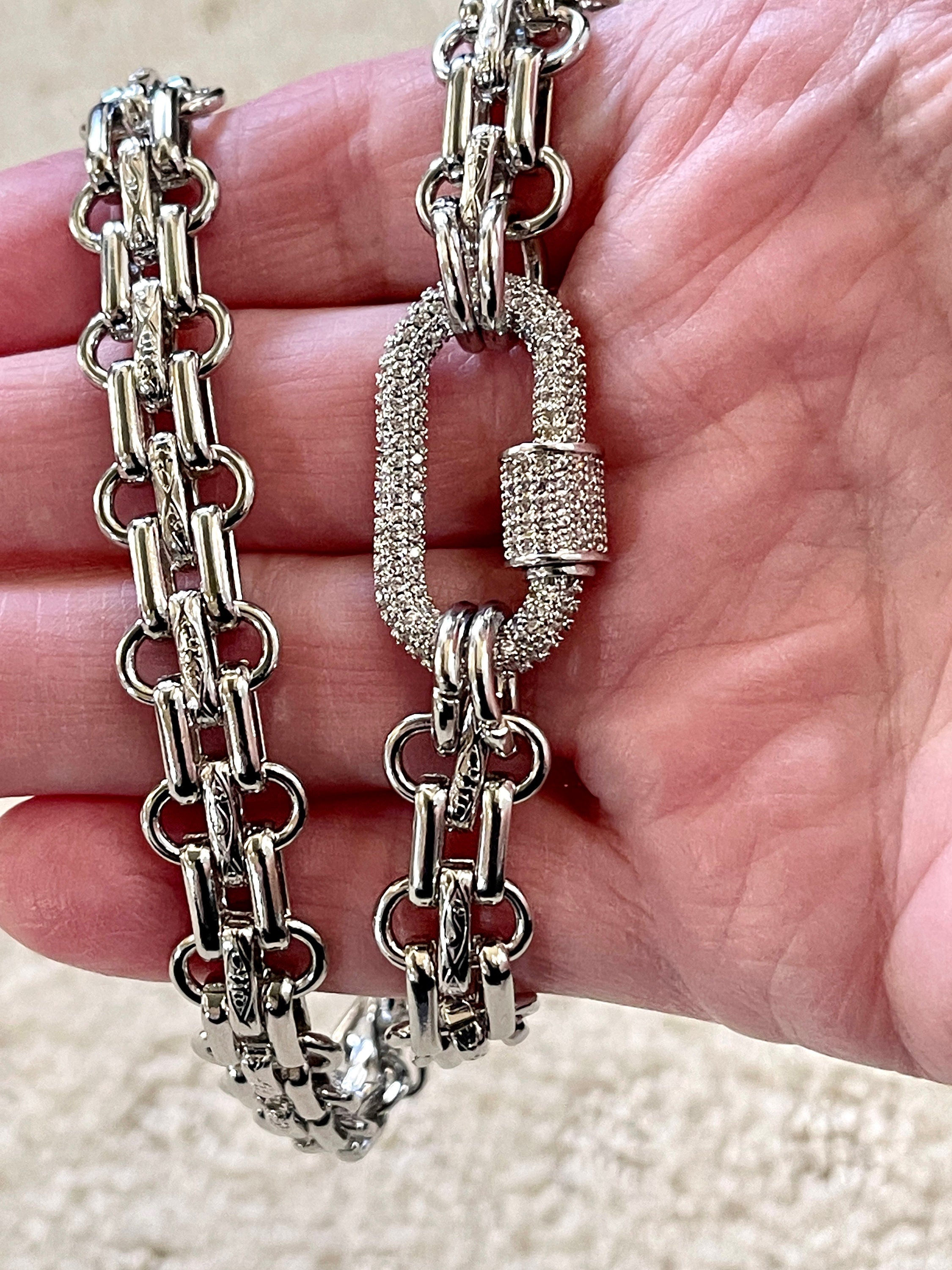 Chunky Multilink Silver Chain Necklace – Pave Carabiner Clasp