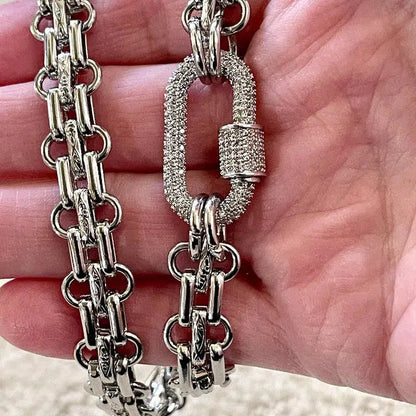 Silver Carabiner Necklace-Chunky Multilink Chain Necklace-Shiny Silver Textured Chain Necklace- Pave Carabiner Screw Lock Clasp