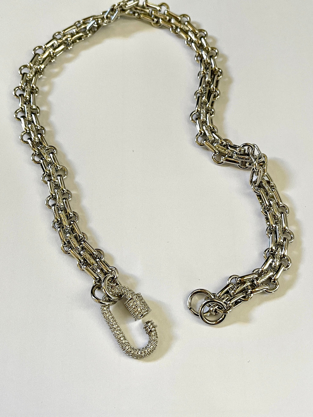 Chunky Multilink Silver Chain Necklace – Pave Carabiner Clasp