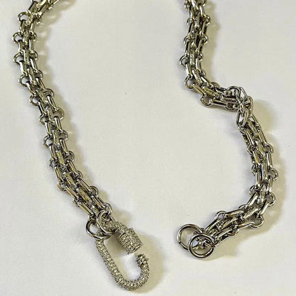 Silver Carabiner Necklace-Chunky Multilink Chain Necklace-Shiny Silver Textured Chain Necklace- Pave Carabiner Screw Lock Clasp