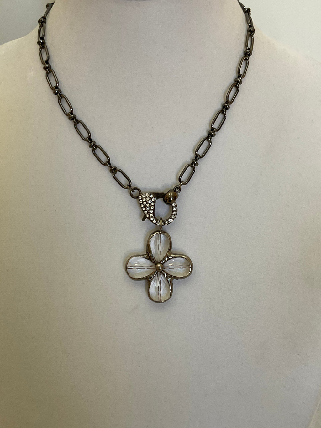 Gunmetal Cable Chain Necklace-Faceted Crystal Gunmetal Flower Pendant-Pave Carabiner Clasp