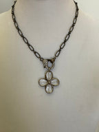 Gunmetal Cable Chain Necklace-Faceted Crystal Gunmetal Flower Pendant-Pave Carabiner Clasp