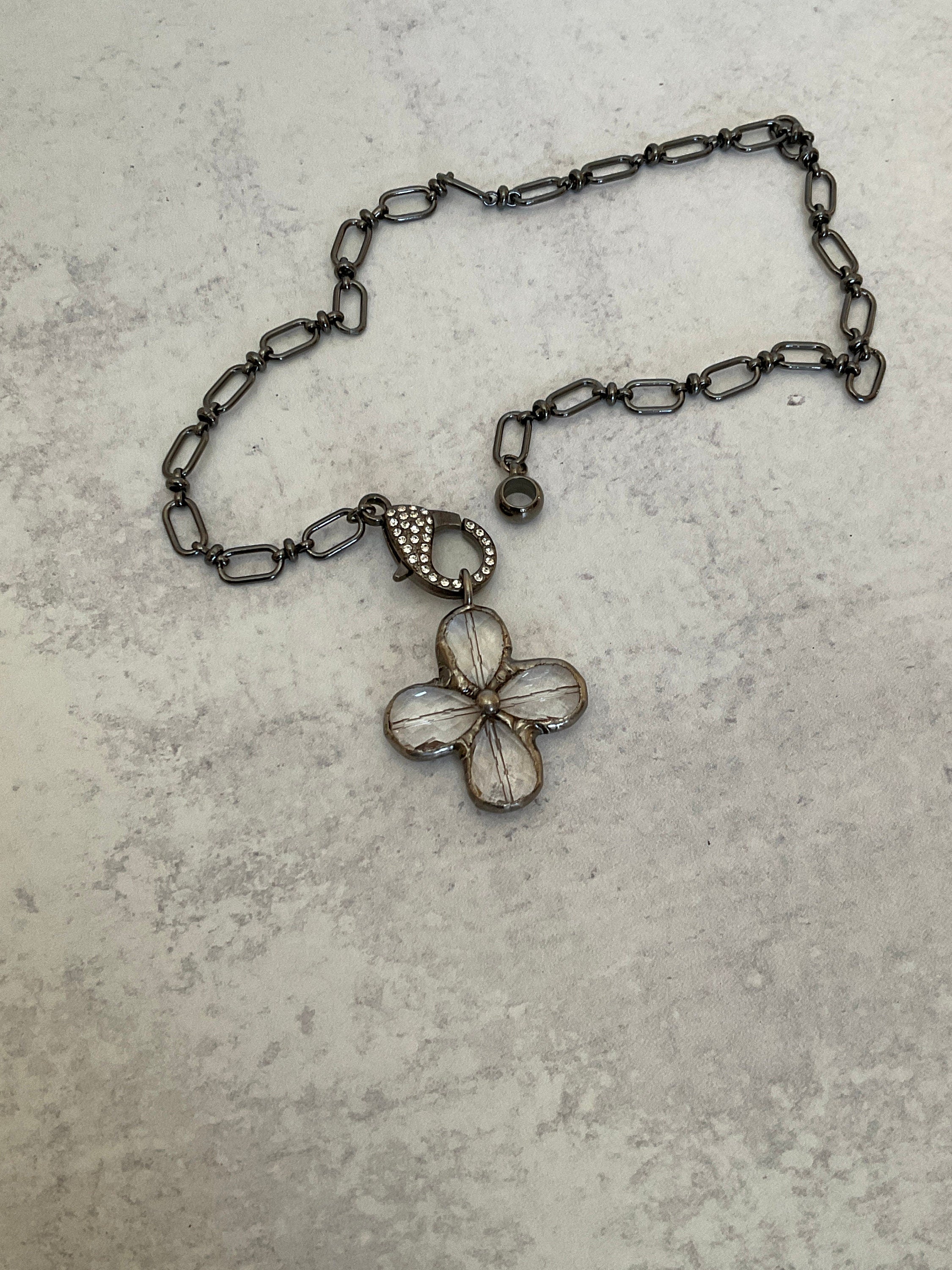 Gunmetal Cable Chain Necklace-Faceted Crystal Gunmetal Flower Pendant-Pave Carabiner Clasp