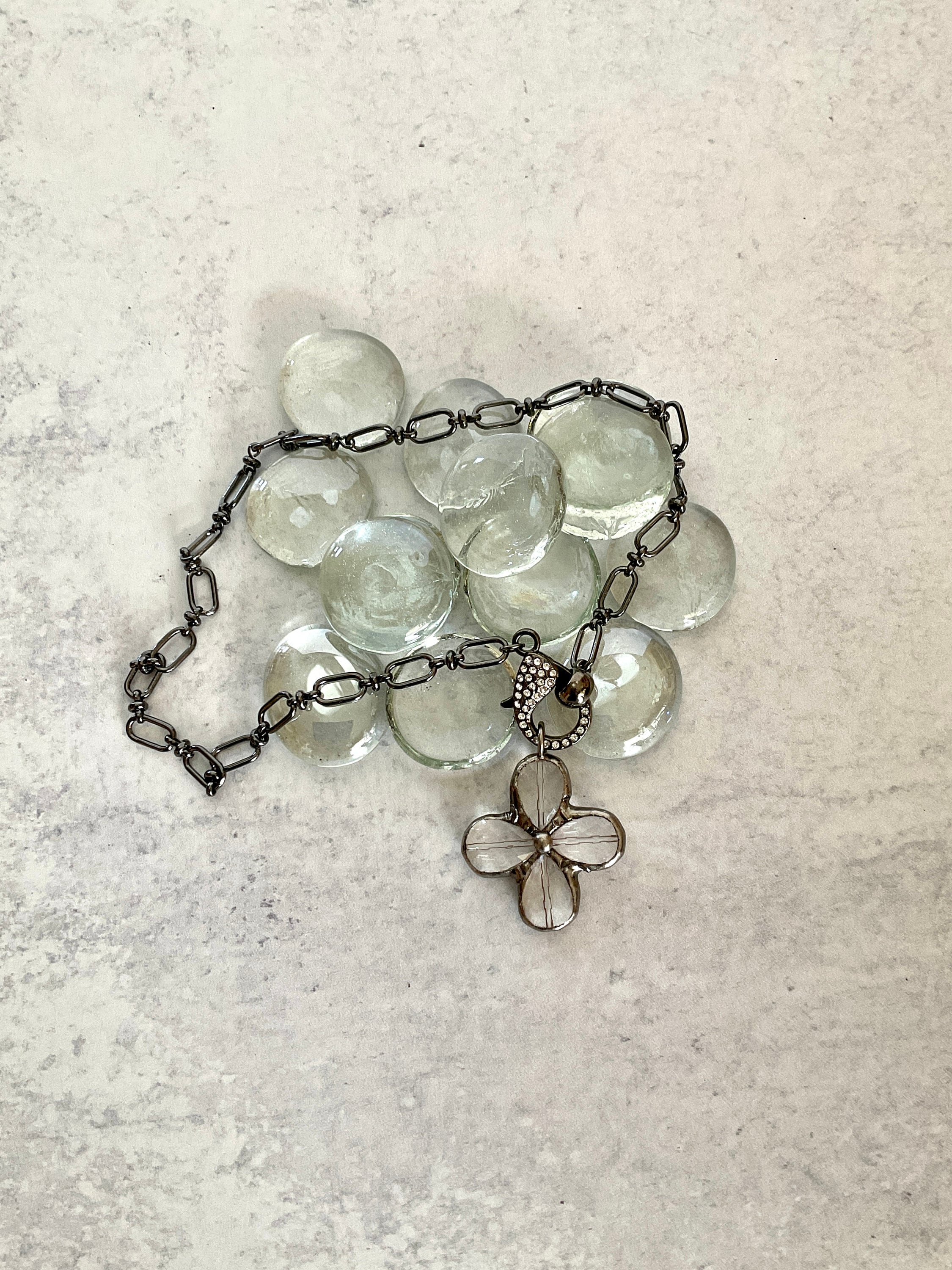 Gunmetal Cable Chain Necklace-Faceted Crystal Gunmetal Flower Pendant-Pave Carabiner Clasp