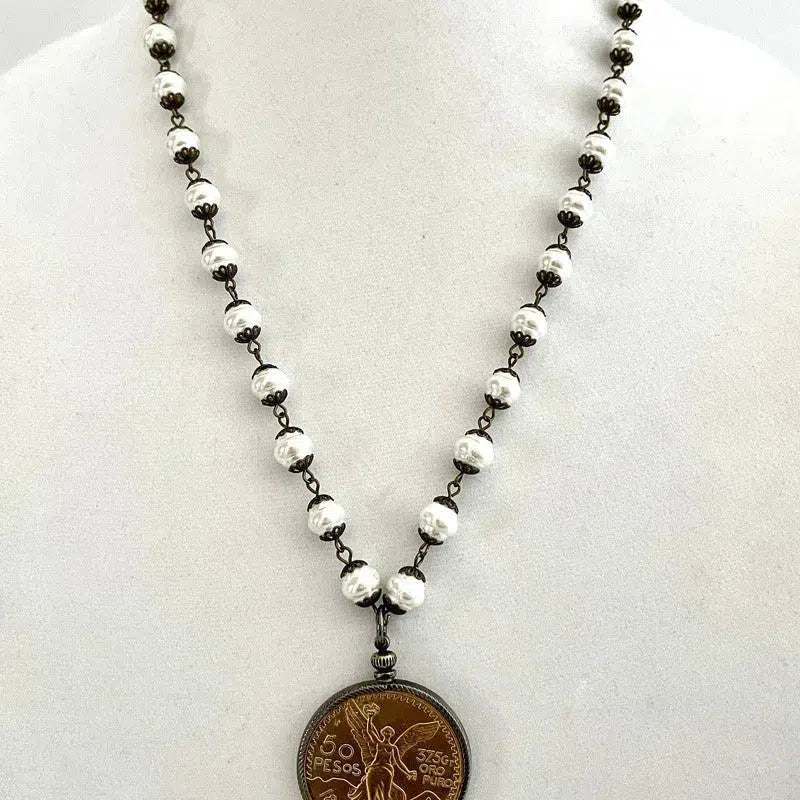 Gold Pesos Coin Necklace-Porcelain Glass Pears-Replica Freshwater Bead Chain-Gunmetal Bezel-50 Pesos Coin-Lobster Clasp