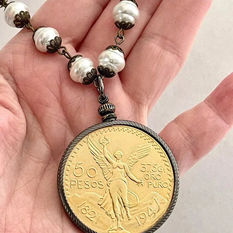 Gold Pesos Coin Necklace-Porcelain Glass Pears-Replica Freshwater Bead Chain-Gunmetal Bezel-50 Pesos Coin-Lobster Clasp