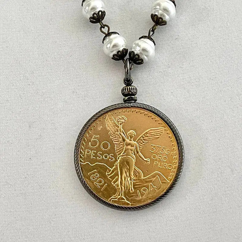 Gold Pesos Coin Necklace-Porcelain Glass Pears-Replica Freshwater Bead Chain-Gunmetal Bezel-50 Pesos Coin-Lobster Clasp