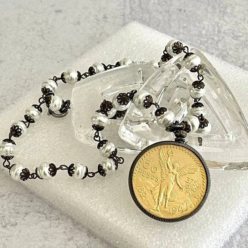 Gold Pesos Coin Necklace-Porcelain Glass Pears-Replica Freshwater Bead Chain-Gunmetal Bezel-50 Pesos Coin-Lobster Clasp