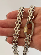 Chunky Multilink Silver Chain Necklace – Pave Carabiner Clasp