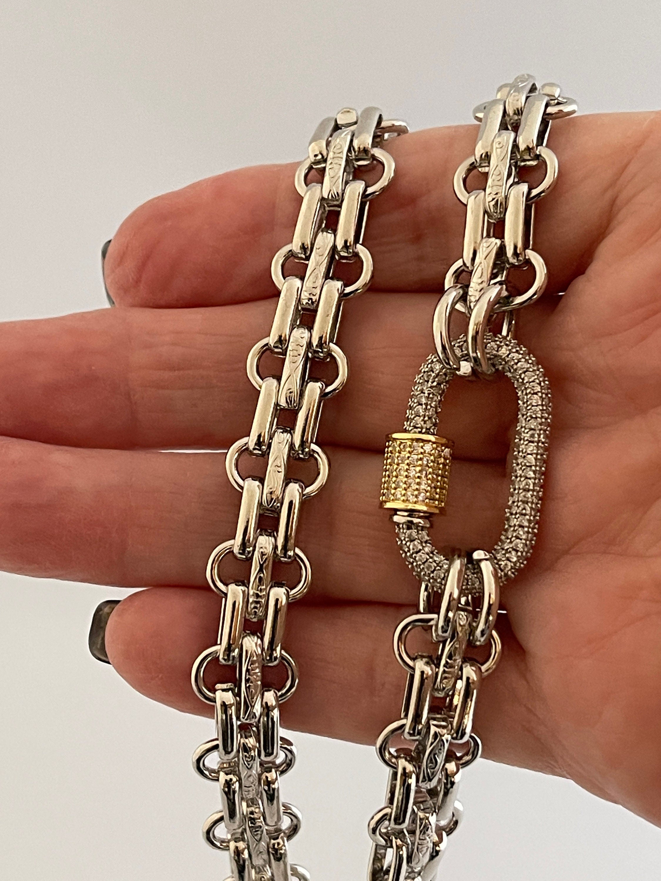 Chunky Multilink Silver Chain Necklace – Pave Carabiner Clasp