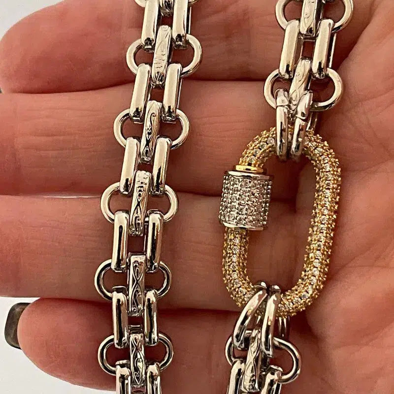 Silver Carabiner Necklace-Chunky Multilink Chain Necklace-Shiny Silver Textured Chain Necklace- Pave Carabiner Screw Lock Clasp