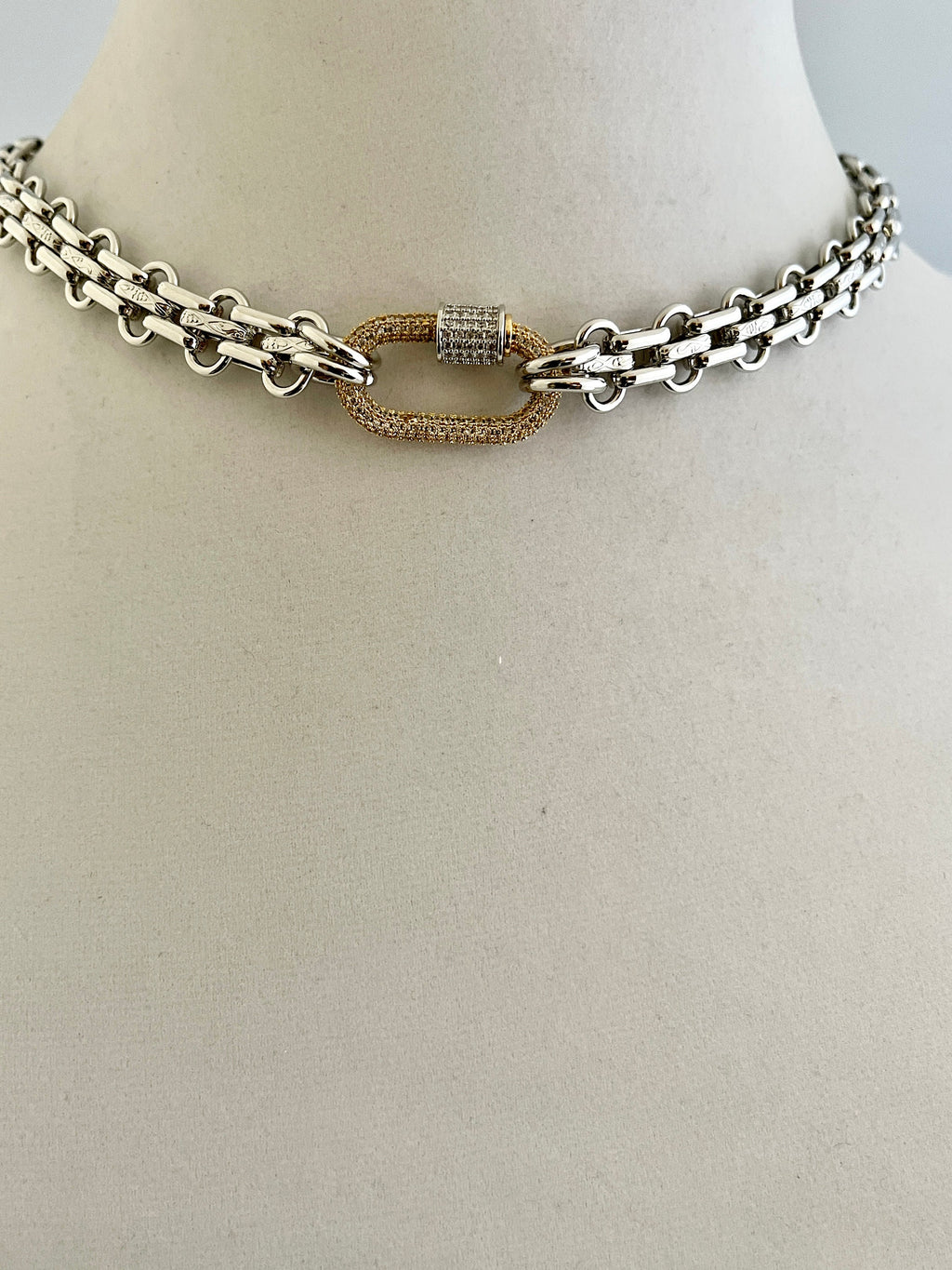 Chunky Multilink Silver Chain Necklace – Pave Carabiner Clasp